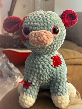 Plush Light Blue & Red Handcrafted Stuffed Animal - Soft Crochet Toy